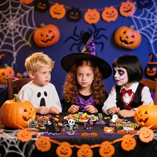 Halloween Honeycomb Centerpieces Set of 9 for Tables - Ghost, Pumpkin, Skull, Cat - Reusable Party Decor