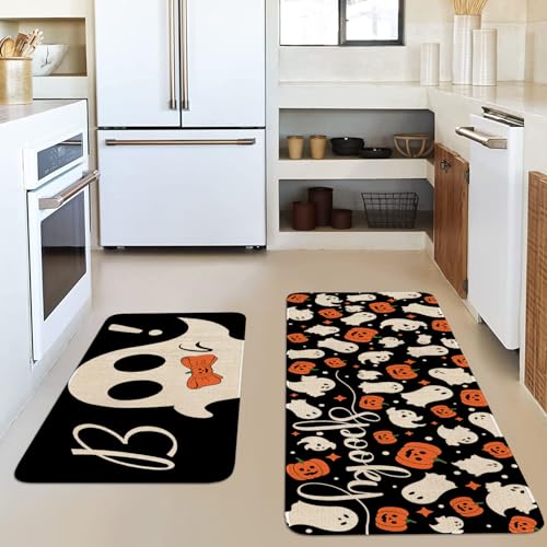 Halloween Ghost Kitchen Rugs Set of 2 - Spooky Floor Mat & Runner, Ghost Boo Variation