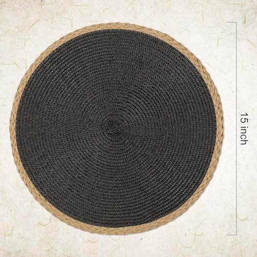 Black Round Placemats Set of 6 - Woven Table Mats with Thin Edge
