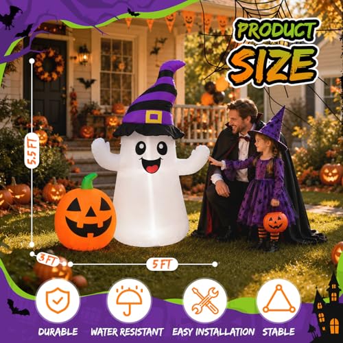 Halloween Inflatable Ghost with Pumpkin Yard Decoration - 5.5FT, LED Lights, Easy Setup - Variation of Ghost Pumpkin