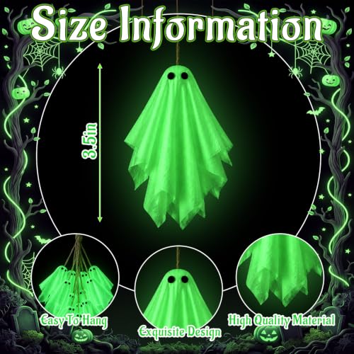 Halloween Hanging Ghost Decorations Set - Glows in the Dark, 24 Pieces