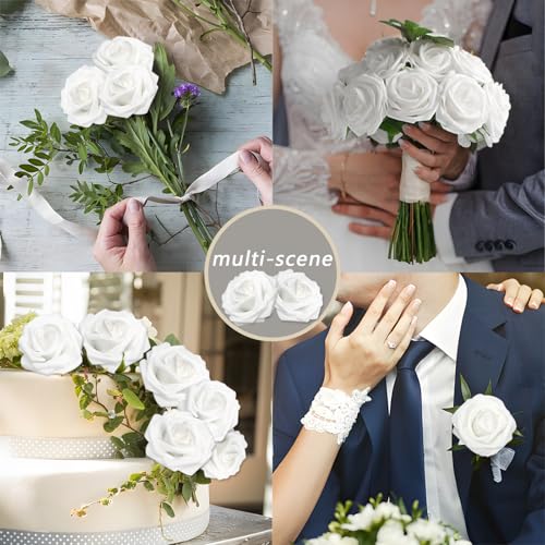 White Realistic Roses Artificial Flower Set - 200PCS with 100 Leaves for Wedding & Party DIY Decor - Variation of White / 200
