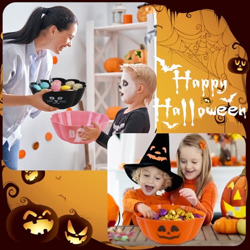 Large Halloween Candy Bowls Set of 4 - Reusable Plastic Pumpkin Trick or Treat Bowls, 11.6 Inch Orange