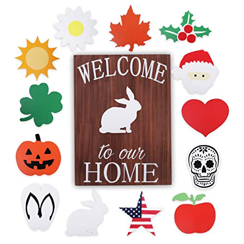 Spring & Summer Welcome Sign - Interchangeable Rustic Door Hanger for Holidays