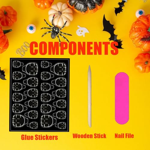 Halloween Press On Nails Short Square Pink False Nails with Ghost & Spider Web Designs, Reusable Holiday Manicure Set - Pattern A6