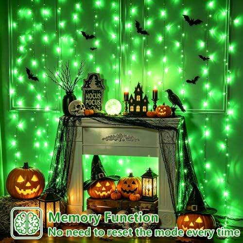 Green Halloween LED Curtain Lights - 300 LEDs, 8 Modes, Waterproof, 9.8x9.8ft, Connectable
