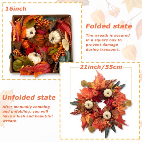 Fall Door Wreath 21 Inch Autumn Decorations with Maple Leaves Pumpkin Berries