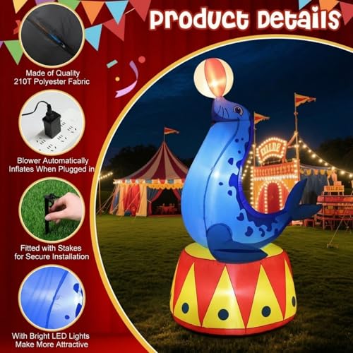 Inflatable Circus Seal with LED Lights - 5.3 ft Outdoor Carnival Party Decor - Realistic Seal Design