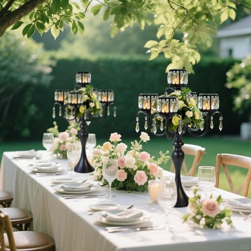 Crystal Candle Holder with Square Bowl - 22-Inch Black 5-Arm Centerpiece for Weddings & Events - Variation: Square-Crystal Bowl