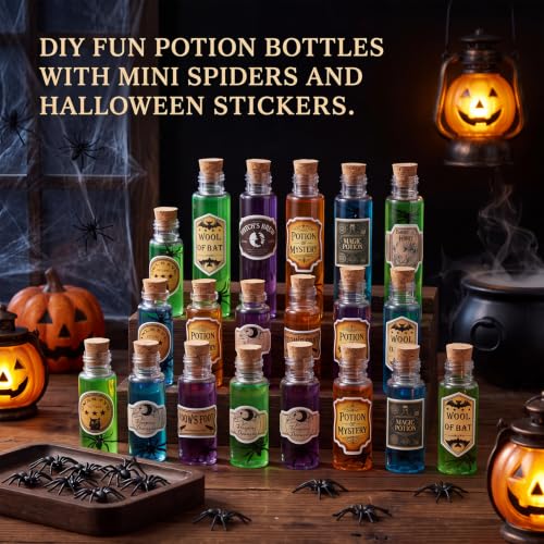 Halloween Potion Bottles Set - 24 Clear Plastic Bottles with Corks & Decorations