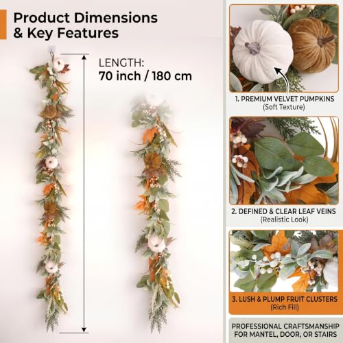 Fall Garland with Velvet Pumpkin Leaves for Mantle & Fireplace Decor