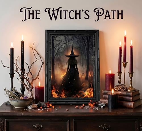 Halloween Flame Witch Canvas Wall Art - Black Framed 9x11in, Variation: Fire Witch