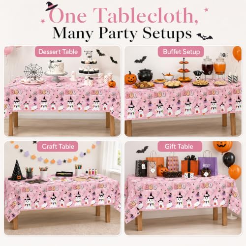 Pink Boo Halloween Plastic Tablecloth - 2PCS Rectangular Disposable Spooky Party Cover - Pink, Ghosts & Bats - 108x54 Inches - Halloween Variation