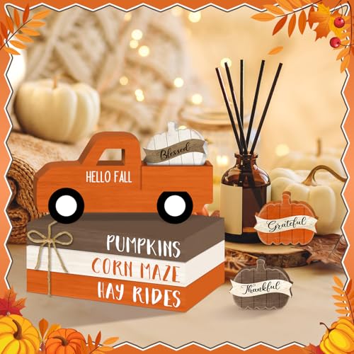 Fall Thanksgiving Tiered Tray Decor Set - 7 Pack Wooden Autumn Farmhouse Display - Variations of Fall