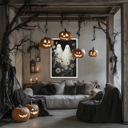 16x12 Ghost Wildflowers Halloween Wall Art Canvas Unframed - Dark Academia Decor