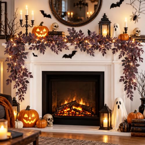 Artificial Fall Garland - 2pcs Moody Plum Burgundy Autumn Leaf Decor