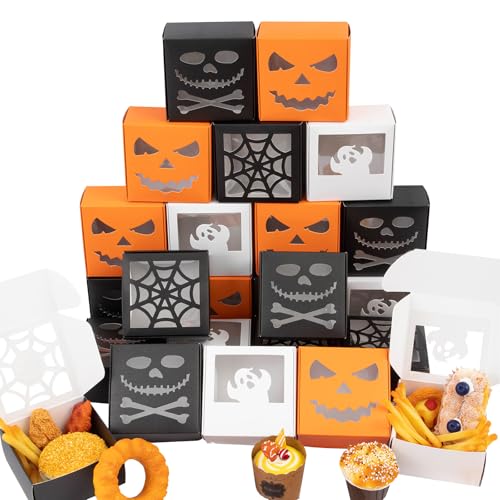 Halloween Treat Boxes Set - 24 Pack Pumpkin Ghost Skull Spider Window Bakery Boxes for Party Favors