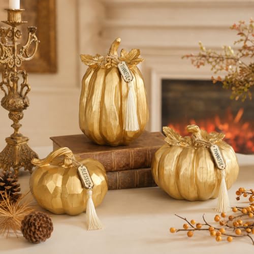 Gold Fall Pumpkin Decor Set of 3 - Faux Resin Autumn Centerpieces with Rustic Stems - Variation Gold#123