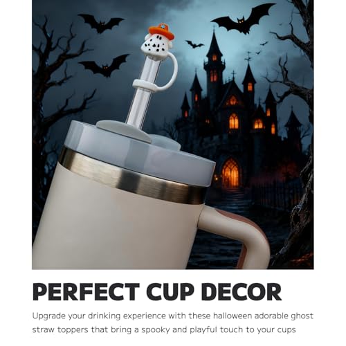 Halloween Ghost Straw Toppers - 4 Pack Reusable Silicone Drink Covers for Stanley Cups