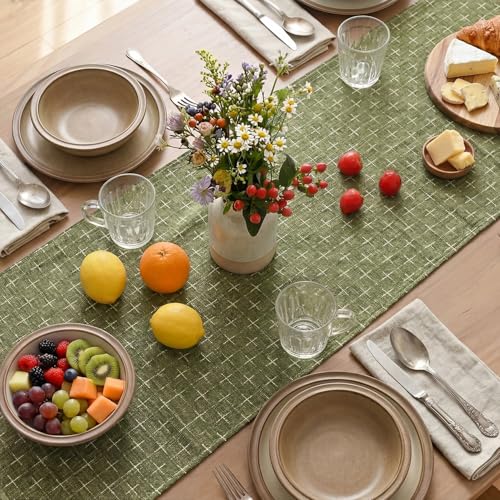 Olive Green Cross-Star Textured Table Runner - 13x90 Inch Waterproof Rustic Decor