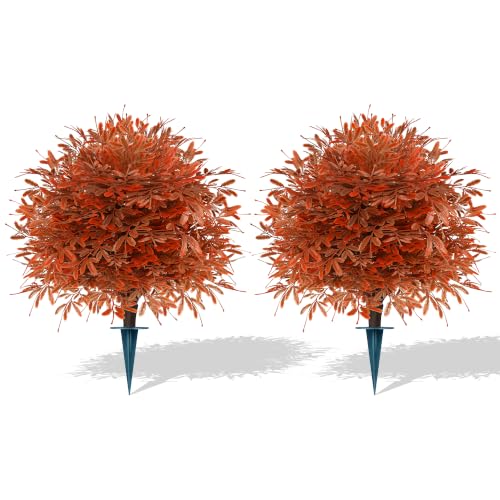 Fall Cedar Topiary Trees - Artificial Autumn Decor with Spike - 2 Pack