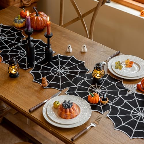 Halloween Embroidered Spider Web Table Runner 14 x 59 Inch - Gothic Fall Decor