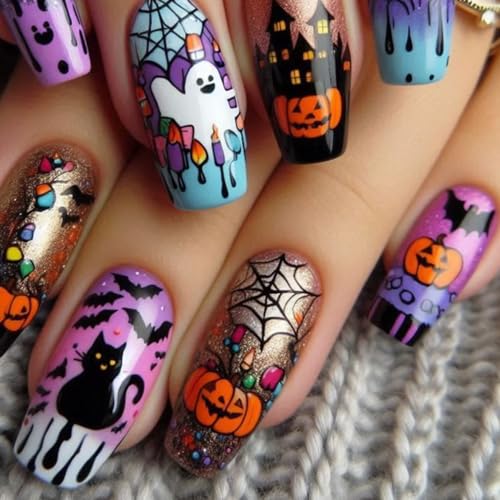 Halloween Almond False Nails Set with Ghost Bat Pumpkin Design - Style-5, 24pcs