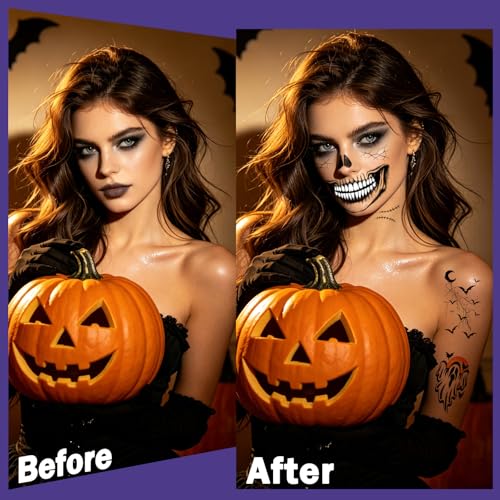 Halloween Face Temporary Tattoos Brown 8 Large Sheets & 30 Small Stickers for Kids & Adults