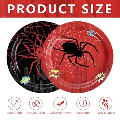 ReBlack Hero Spider Theme Paper Plates 9 Inch - 50 Pack, Party Supplies