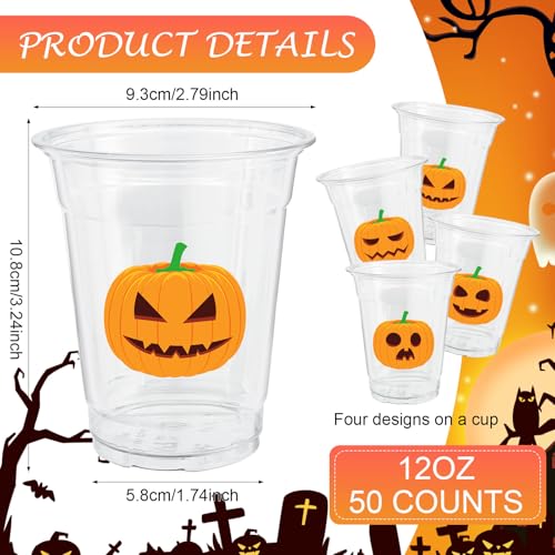 Halloween Plastic Cups 12oz Pumpkin Pattern 50-Pack - Clear Orange Party Supplies