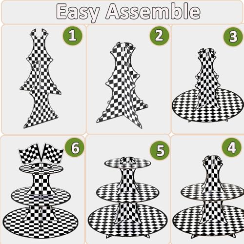 Race-Themed 2 Pack 3-Tier Cupcake Stand Checkered Flag Cardboard Tower Holder - Purple