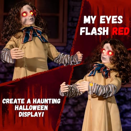 48-Inch Animatronic Creepy Doll Halloween Decoration with Sound & LED Eyes - Indoor Outdoor Haunted House Prop