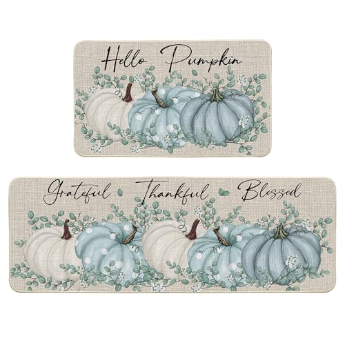 Hello Pumpkin Fall Kitchen Mats Set of 2 - 17x29 & 17x47 Inches, Blue