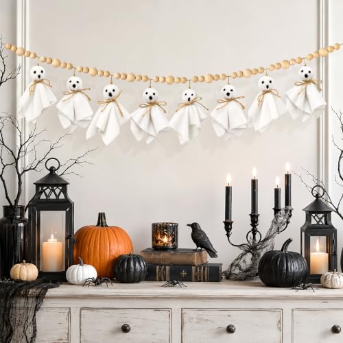 Halloween Ghost Garland with Wooden Beads - Pre-Assembled Indoor Decor 4.5Ft