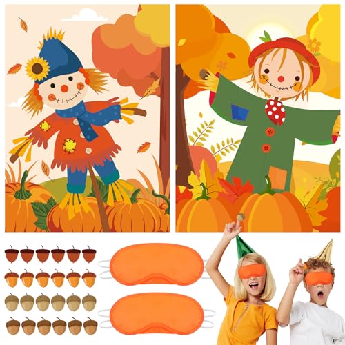 Fall Themed Pin the Nose on the Scarecrow Game Poster Set - Autumn Party Supplies
