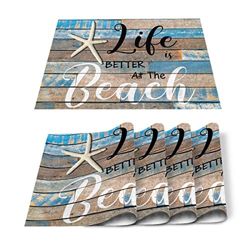 Non-Slip Placemats for Dining Table Set of 4 - Beach Starfish Rustic Wood Grain