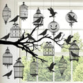 Gothic Crow Decoration Set with Birdcages and Crows for Haunted House Halloween & Gothic Decor