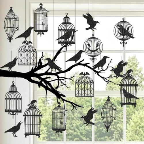 Gothic Crow Decoration Set with Birdcages and Crows for Haunted House Halloween & Gothic Decor