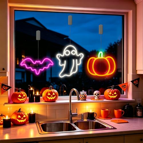 Rechargeable Halloween Window Lights Set - Purple, White & Orange with Timer 11.8x5.9in