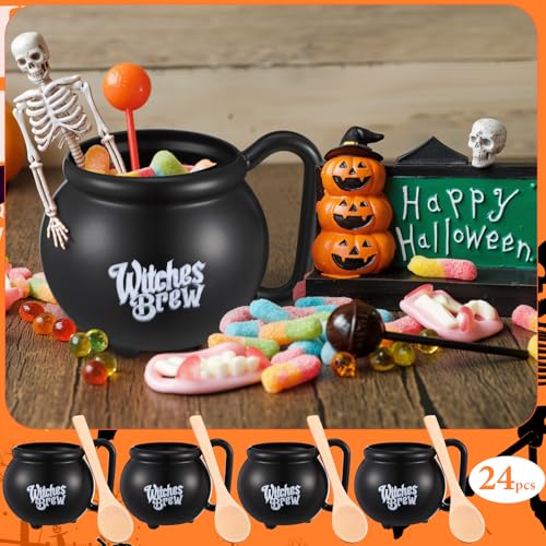 48 Pcs Cauldron Mug Set with Spoons - Double-Sided Print, Black Halloween Theme