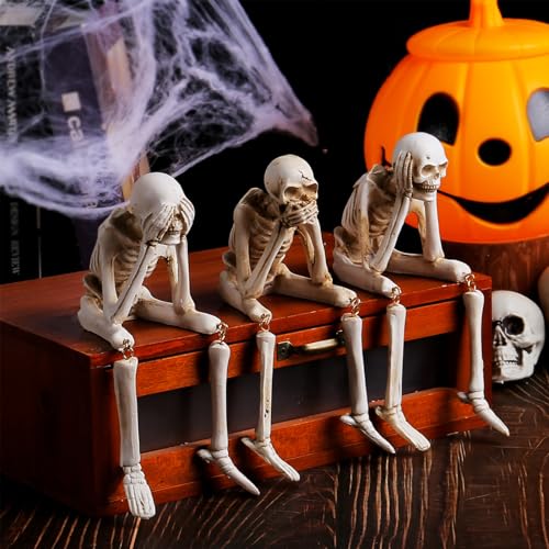 Halloween Skeleton Decor Set of 3 See No Evil Hear No Evil Speak No Evil Figurines