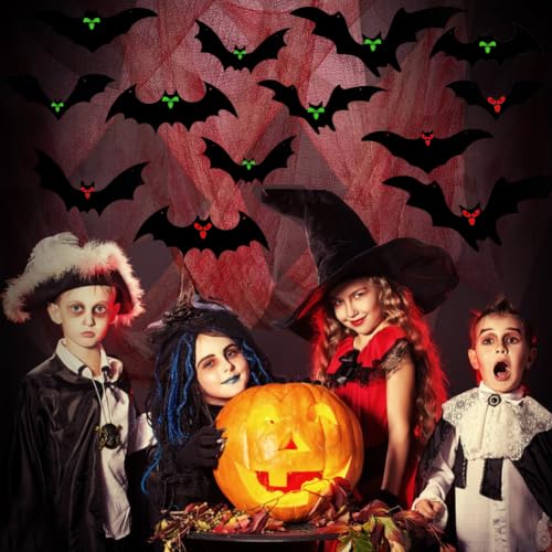 Halloween Hanging Bat Decorations Outdoor - 16 Pack Glowing Eyes Black Variation