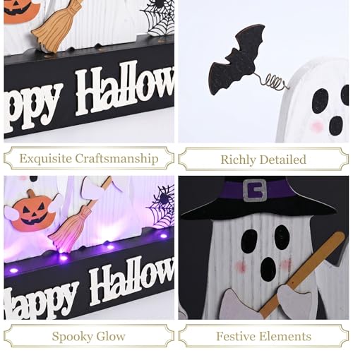 Large Halloween Ghost Decor with Purple LED Lights - Tabletop Sign with Witch Hat Broom Bats Jack O Lantern, Indoor Home Party Halloween Decoration