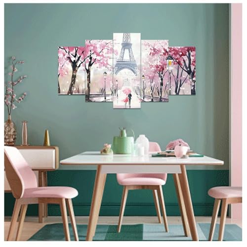 Pink Paris Canvas Wall Art Set - 5 Pieces Eiffel Tower Landscape Prints, White Frame, Romantic Home Decor, Variations: White / 8x14in x2, 8x18in x2, 8x22in x1