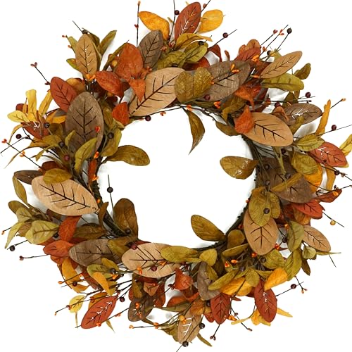 Rusty Red Magnolia Fall Wreath - 20 Inch Autumn Magnolia with Berries for Front Door & Wall Decor