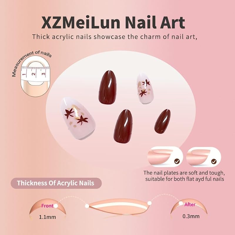 24 Pieces Short Almond Press On Nails with Maple Leaf Design - Reusable Gel Stickers for Autumn Fashion