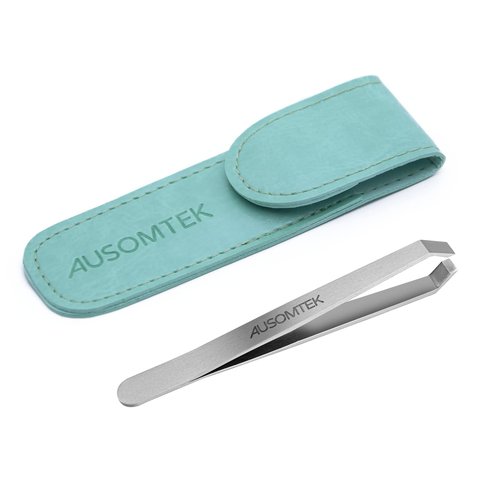 AUSOMTEK Beard Tweezers, White Hair Plucking, Fine Hair Removal, Eyebrows Shaping Tool, 5mm Tip, Stainless Steel, Cyan PU Case 1Pack