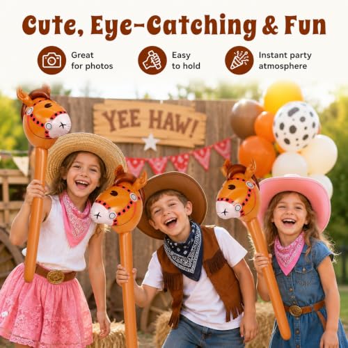 Inflatable Horse Stick Balloons - Reusable Brown PVC Western Party Decorations, 6 Pack