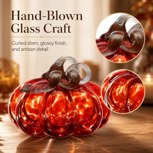 Red Hand Blown Glass Pumpkin Decoration - Fall Harvest Halloween Tabletop Accent