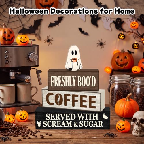 Halloween Ghost Coffee Farmhouse Decor Set - Oat Variation, Wooden Tabletop Decorations